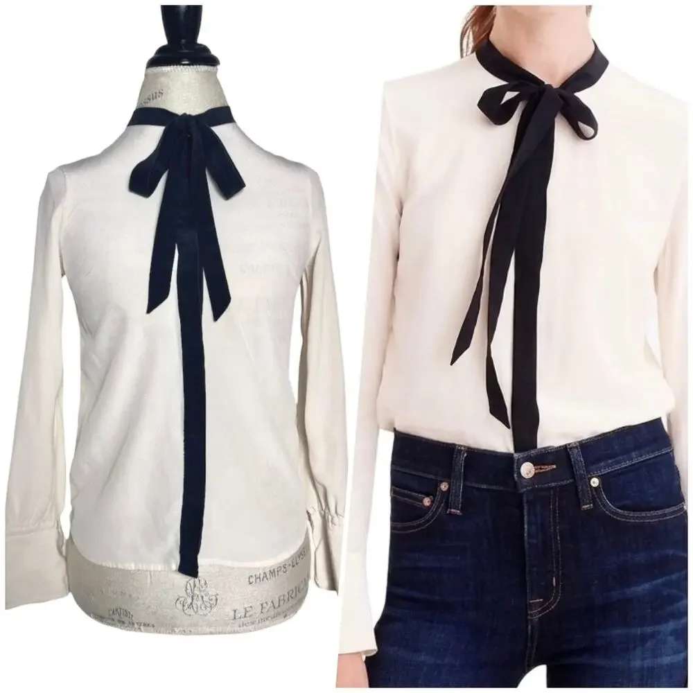 J. Crew | Women | 100% Silk Drape Collarless Bow Tie Button Up Blouse | Size 00